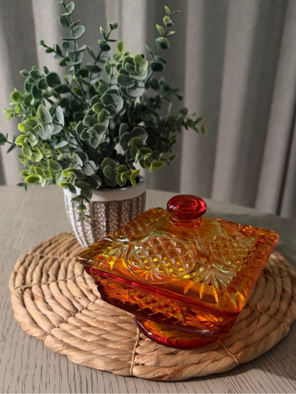 Amber Glass Covered Candy Dish Snacks - Square Cut with Lid & Pedestal Viking